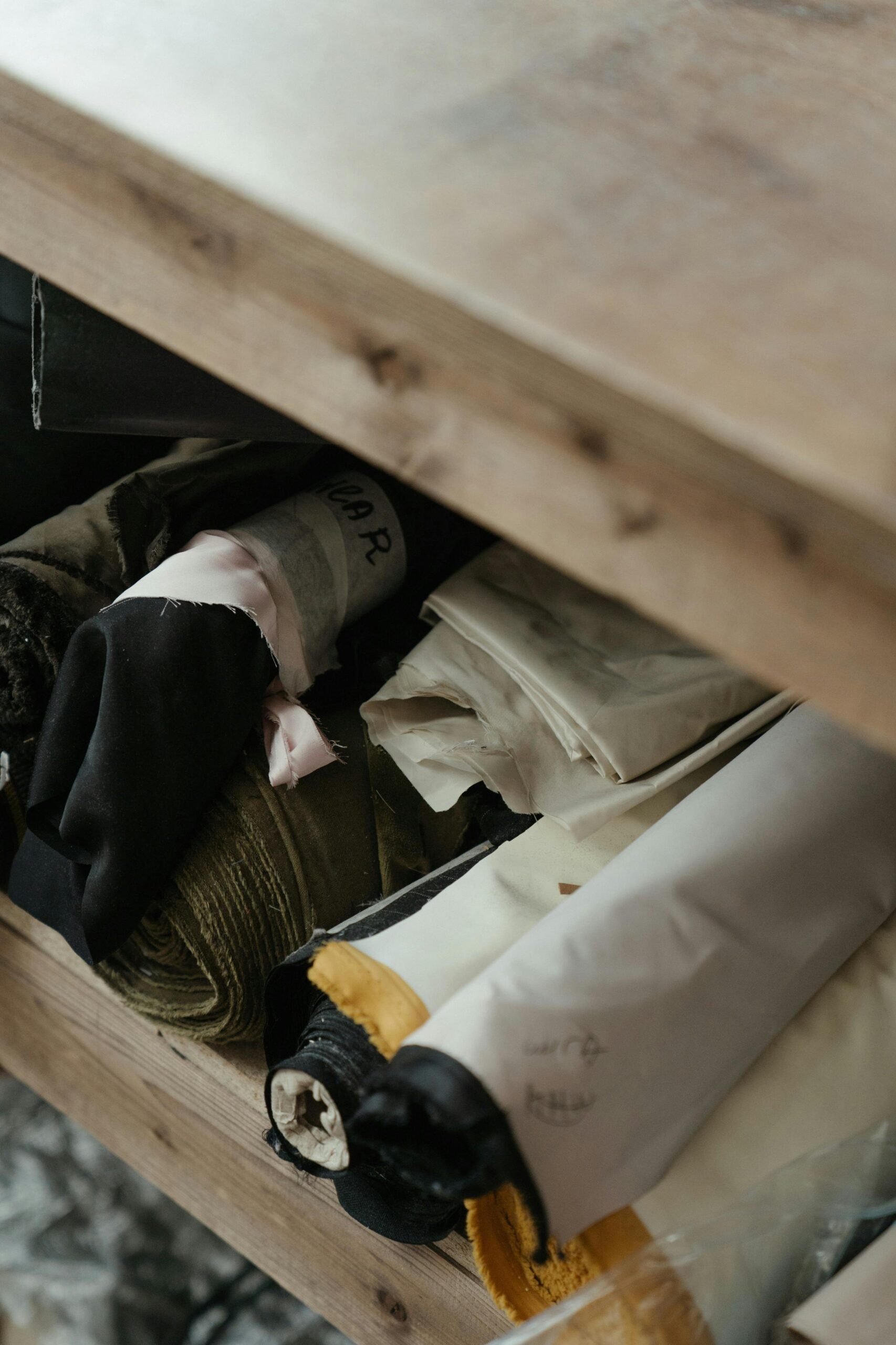 Close-up of rolled fabrics in a workshop, highlighting textile variety and material texture.